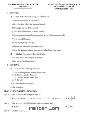 Đề Cương Ôn Tập Cuối Học Kì 1 Môn Toán 12 Năm Học 2025 – 2026, Trường THPT Hoàng Văn Thụ – Hà Nội
