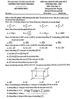 Đề Giữa Kỳ 2 Toán 11 Năm Học 2025 – 2026 Trường THPT Đoàn Thị Điểm – Hà Nội