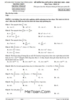 Đề Thi Toán 12 Giữa Học Kỳ 2 Năm 2025-2026 Trường THPT Trương Vĩnh Ký, Vĩnh Long