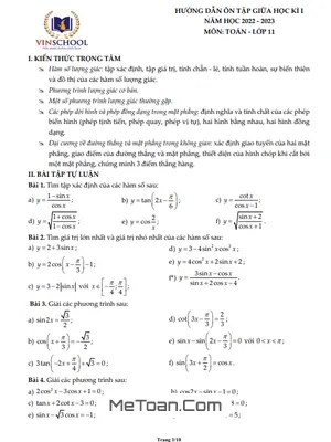 Hướng Dẫn Ôn Tập Giữa Kì 1 Toán 11 Năm 2022 - 2023 Trường Vinschool - Hà Nội