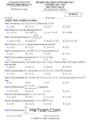 Đề thi HK1 Toán 10 năm học 2018 - 2019 trường THPT Hoa Lư A - Ninh Bình