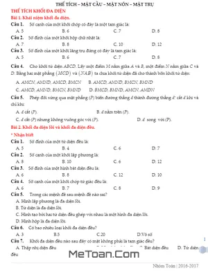 Tổng Hợp Bài Tập Trắc Nghiệm Thể Tích, Mặt Cầu, Mặt Nón, Mặt Trụ - Nhóm Toán