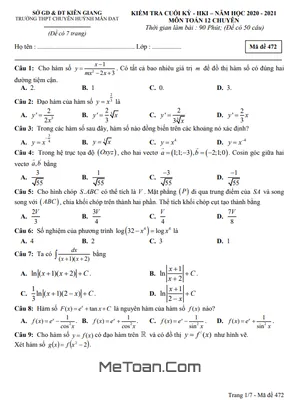 Đề thi HK1 Toán 12 chuyên năm 2020 - 2021 trường chuyên Huỳnh Mẫn Đạt - Kiên Giang