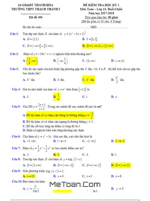 Đề thi học kỳ 1 Toán 12 năm 2017 - 2018 trường THPT Thạch Thành 1 - Thanh Hóa