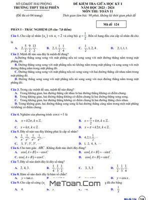 Đề Thi Giữa Kỳ 1 Toán 11 Năm 2023 - 2024 Trường THPT Thái Phiên - Hải Phòng