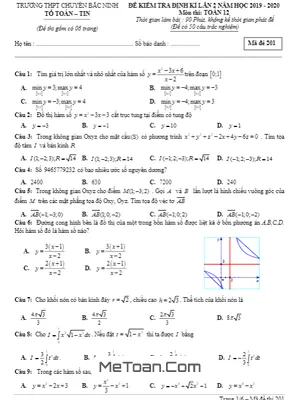 Đề kiểm tra định kỳ lần 2 Toán 12 năm 2019 – 2020 trường chuyên Bắc Ninh