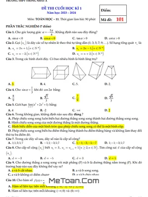 Đề Thi Cuối Kỳ 1 Toán 11 Năm 2023 - 2024 Trường THPT Thống Nhất A - Đồng Nai