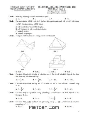 Đề kiểm tra giữa HK1 Toán 12 năm 2021 - 2022 trường THPT Nguyễn Huệ - BR VT