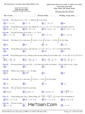 Đề kiểm tra học kỳ 2 Toán 12 năm 2021 - 2022 sở GD&ĐT Đồng Nai