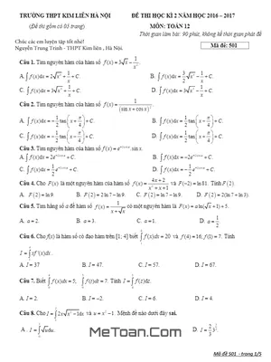 Đề thi HK2 Toán 12 năm học 2016 - 2017 trường THPT Kim Liên - Hà Nội