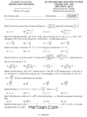 Đề thi học sinh giỏi Toán 12 năm 2022 - 2023 trường THPT Hàm Rồng - Thanh Hóa