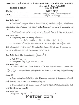 Đề thi chọn HSG tỉnh Toán 12 năm 2018 - 2019 sở GD&ĐT Quảng Bình