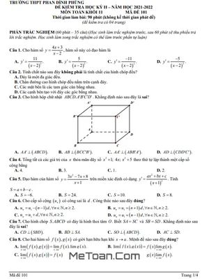 Đề học kỳ 2 Toán 11 năm 2021 - 2022 trường THPT Phan Đình Phùng - Hà Nội