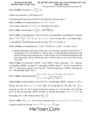 Đề thi thử THPT Quốc gia 2016 môn Toán trường Cù Huy Cận – Hà Tĩnh lần 2