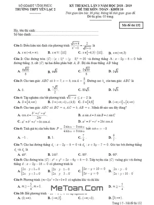 Đề thi KSCL Toán 10 lần 3 năm 2018 – 2019 trường Yên Lạc 2 – Vĩnh Phúc