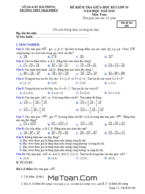 Đề thi giữa kì 1 Toán 10 năm 2018 - 2019 trường THPT Thái Phiên - Hải Phòng (có đáp án)