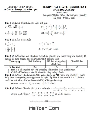 Đề thi học kỳ 1 Toán 7 năm 2023 - 2024 phòng GD&ĐT Hà Trung - Thanh Hóa