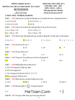 Đề Tham Khảo Giữa Kỳ 1 Toán 6 Năm 2022 - 2023 Trường Quốc Tế Á Châu - TP HCM