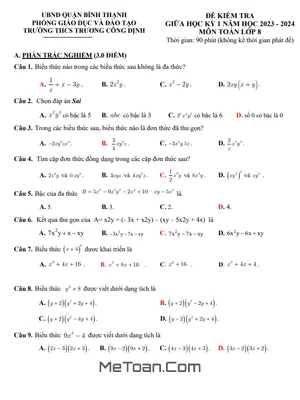 Đề tham khảo giữa kỳ 1 Toán 8 năm 2023 - 2024 trường THCS Trương Công Định - TP HCM