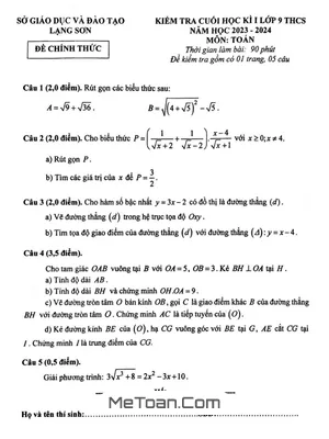 Đề thi học kì 1 Toán 9 năm 2023 - 2024 sở GD&ĐT Lạng Sơn