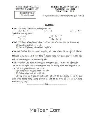 Đề thi giữa kì 2 Toán 9 năm 2020 - 2021 trường THCS Kim Liên - Nghệ An