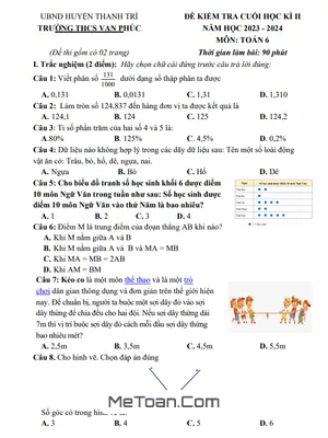 Đề Thi Cuối Kì 2 Toán Lớp 6 Năm 2023 - 2024 Trường THCS Vạn Phúc - Hà Nội