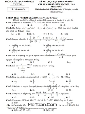 Đề thi học sinh giỏi Toán 8 năm 2022 - 2023 phòng GD&ĐT Việt Trì - Phú Thọ