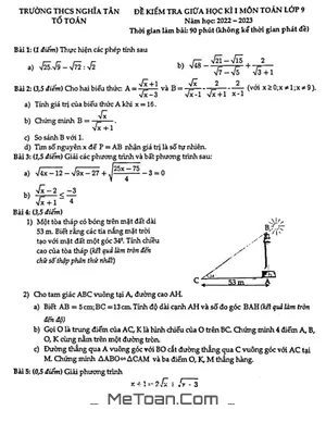 Đề thi giữa kì 1 Toán 9 năm 2022 - 2023 trường THCS Nghĩa Tân - Hà Nội