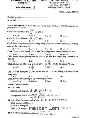 Đề KSCL Toán 9 học kỳ 2 năm 2020 - 2021 Sở GD&ĐT Nam Định