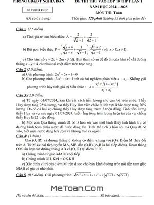 Đề thi thử Toán vào lớp 10 lần 1 năm 2024 - 2025 phòng GD&ĐT Nghĩa Đàn - Nghệ An