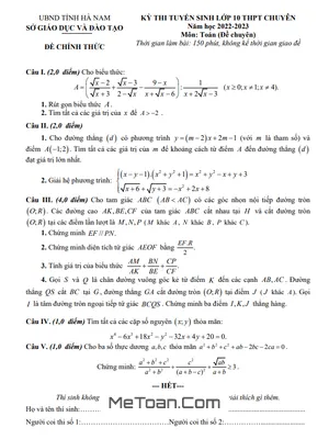 Đề thi Tuyển sinh Lớp 10 Chuyên Toán Sở GD&ĐT Hà Nam Năm 2022 - 2023