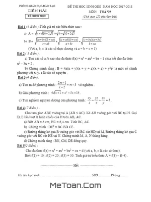 Đề thi học sinh giỏi môn Toán lớp 9 năm 2017 - 2018 phòng GD&ĐT Tiền Hải - Thái Bình