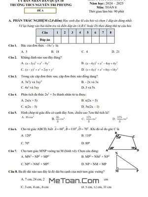Đề Thi Giữa Kỳ 1 Toán 8 Năm 2024 - 2025 Trường THCS Nguyễn Tri Phương - TP HCM
