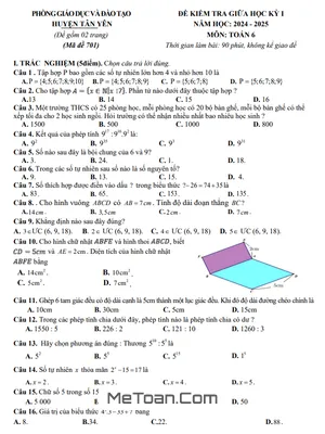 Đề thi giữa học kì 1 Toán lớp 6 năm 2024 - 2025 phòng GD&ĐT Tân Yên - Bắc Giang