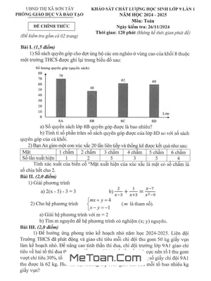 Đề khảo sát Toán 9 lần 1 năm 2024 - 2025 phòng GD&ĐT Sơn Tây - Hà Nội