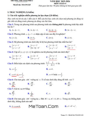 Đề Thi Giữa Kỳ 1 Toán 9 Năm 2025 - 2026 THCS Hải Phúc, Ninh Bình (Có Đáp Án Chi Tiết)