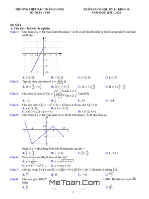 Đề cương ôn tập học kì 1 Toán 10 THPT Bắc Thăng Long 2025 - 2026