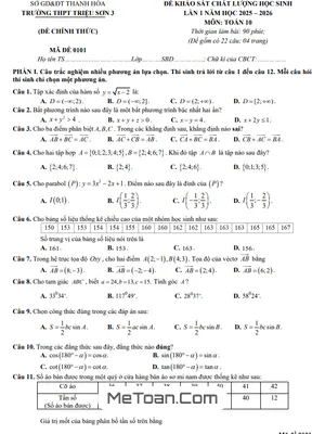 Đề Khảo Sát Lần 1 Toán 10 Năm 2025 – 2026 Trường THPT Triệu Sơn 3 – Thanh Hóa