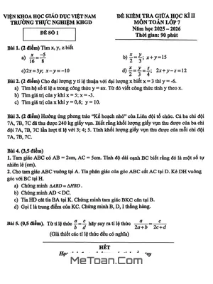 Đề Giữa Học Kì 2 Toán 7 Năm Học 2025 – 2026 Trường Thực Nghiệm KHGD – Hà Nội