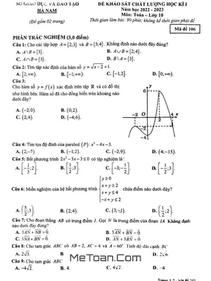 Đề khảo sát học kì 1 Toán 10 năm 2022 – 2023 sở GD&ĐT Hà Nam
