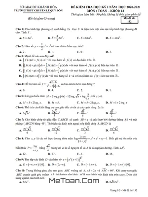 Đề thi HK1 Toán 12 năm 2020 - 2021 trường THPT chuyên Lê Quý Đôn - Khánh Hòa
