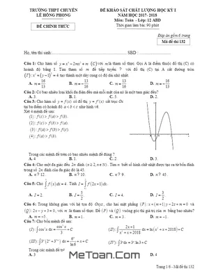 Đề thi HK1 Toán 12 năm học 2017 - 2018 trường THPT chuyên Lê Hồng Phong - Nam Định