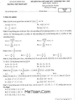 Trọn bộ đề thi giữa kì 2 môn Toán lớp 12 năm 2021-2022 trường THPT Đoàn Kết - Đồng Nai (có đáp án)