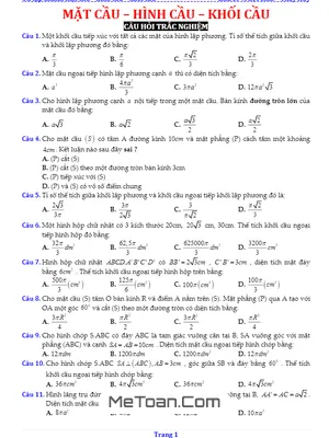 Bài Tập Trắc Nghiệm Mặt Cầu - Hình Cầu - Khối Cầu - Nguyễn Văn Huy