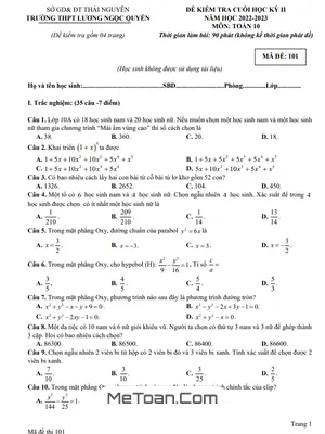 Đề Thi Cuối Kì 2 Toán 10 Năm 2022 - 2023 Trường THPT Lương Ngọc Quyến - Thái Nguyên