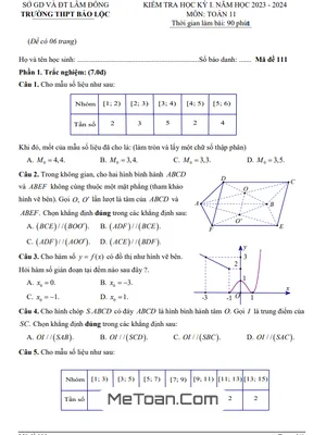Đề thi học kỳ 1 Toán 11 năm 2023 - 2024 trường THPT Bảo Lộc - Lâm Đồng (có đáp án)
