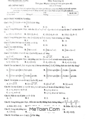 Đề thi Toán 12 cuối kì 2 năm 2021 - 2022 Sở GD&ĐT Đà Nẵng (Mã đề 168)