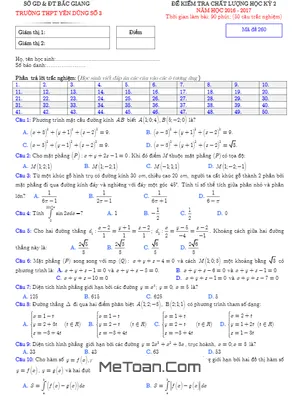 Đề thi HK2 Toán 12 năm học 2016 - 2017 trường THPT Yên Dũng 3 - Bắc Giang