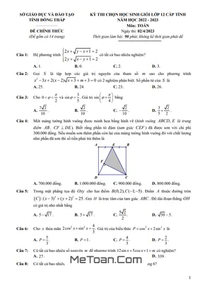Đề thi chọn HSG Toán 12 cấp tỉnh năm 2022 - 2023 sở GD&ĐT Đồng Tháp