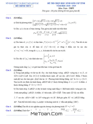 Đề thi chọn học sinh giỏi cấp tỉnh Toán THPT năm 2018 - 2019 sở GD&ĐT Lào Cai
